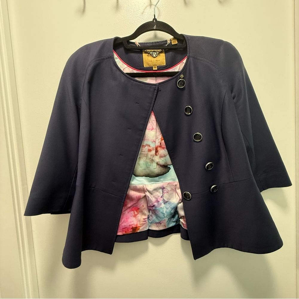 Ted Baker Blue Hourglass Blazer with Rounded Neckline and 3/4 Sleeves